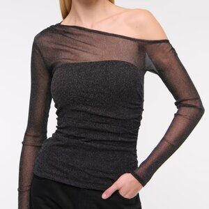 Long-Sleeve Asymmetrical Draped Mesh Top